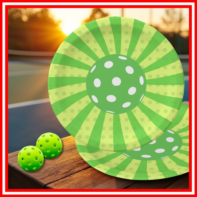 Prato De Papel Esportes Verdes RRETRO Verde de Baile de Aniversár (Pickleball Birthday Green RETRO Stripes Sports Paper Plates)