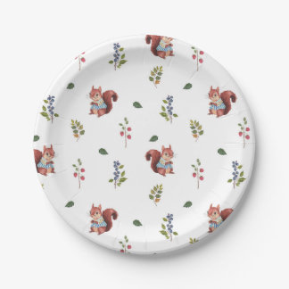Prato De Papel Esquilo Adorável e Padrão Florestal de Berries