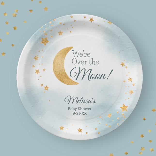 Prato De Papel Estamos Loucos de Alegria Chuvada de Bebê (We're Over the Moon Blue Baby Shower Paper Plates)