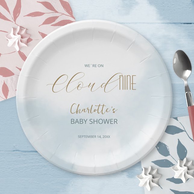 Prato De Papel Estamos no Chá de fraldas Azul de Script Elegante  (We´re on Cloud 9 Elegant Script Blue Baby Shower Paper Plates ©Susanne Sachers - Sunny Mind 🌞)