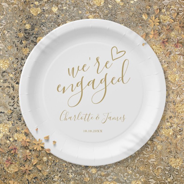 Prato De Papel Estamos Noivos Festa de Noivado Chic Dourado (We're Engaged Engagement Party Chic Gold Paper Plates)