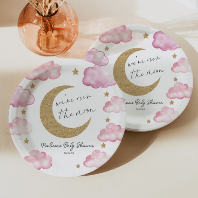 Prato De Papel Estamos Sobre a Lua Rosa Celeeste Chás de Bebê (Criador carregado)