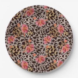 Prato De Papel Estampa de Animal Leopardo e Flores Rosas