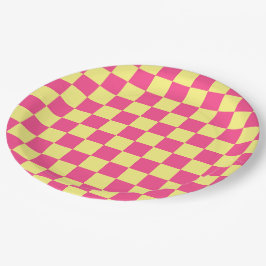 Prato De Papel Estampa Xadrez Rosa e Amarelo