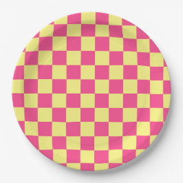 Prato De Papel Estampa Xadrez Rosa e Amarelo
