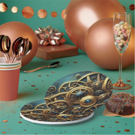 Prato De Papel Estampunk Clockwork Dourado e Teal