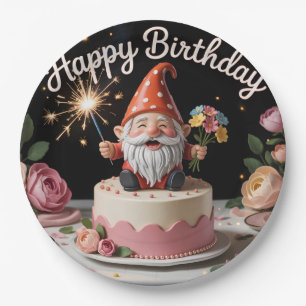 Prato De Papel Estátua de Gnome de Aniversário em um Bolo