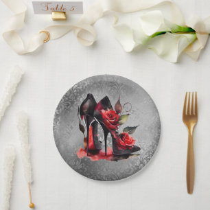 Prato De Papel Estilettos Vermelhos Fashionistas Góticos com Rosa