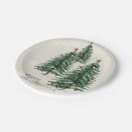 Prato De Papel Estilo antigo Árvore de Natal Aquarela em Neve