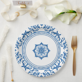 Prato De Papel Estilo elegante de chinoiserie Flor Branca Azul