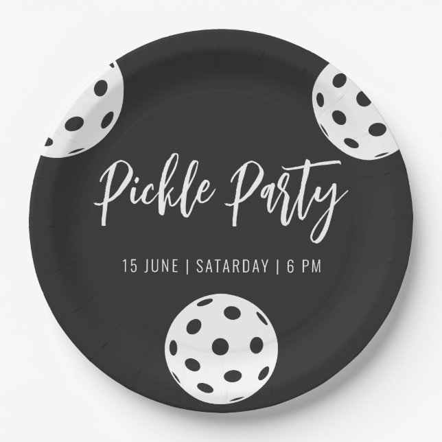 Prato De Papel Estilo Retro Neon Black Themed Pickleball Birday (Frente)