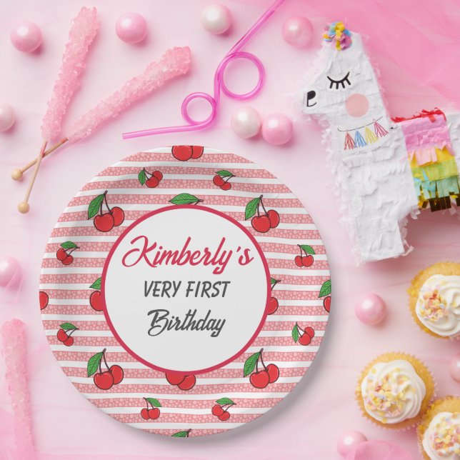 Prato De Papel Estirpes Cute Rosa Personalizadas com Cerejas (Festa)