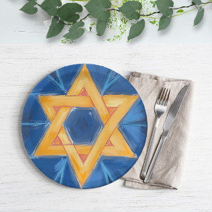 Prato De Papel Estrela de David Hanukkah Azul Aquarela