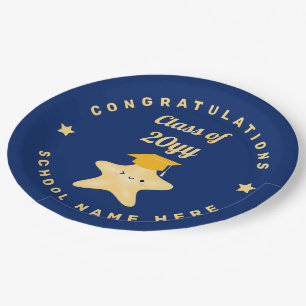 Prato De Papel Estrela de Graduação Azul Real e Dourado Moderna