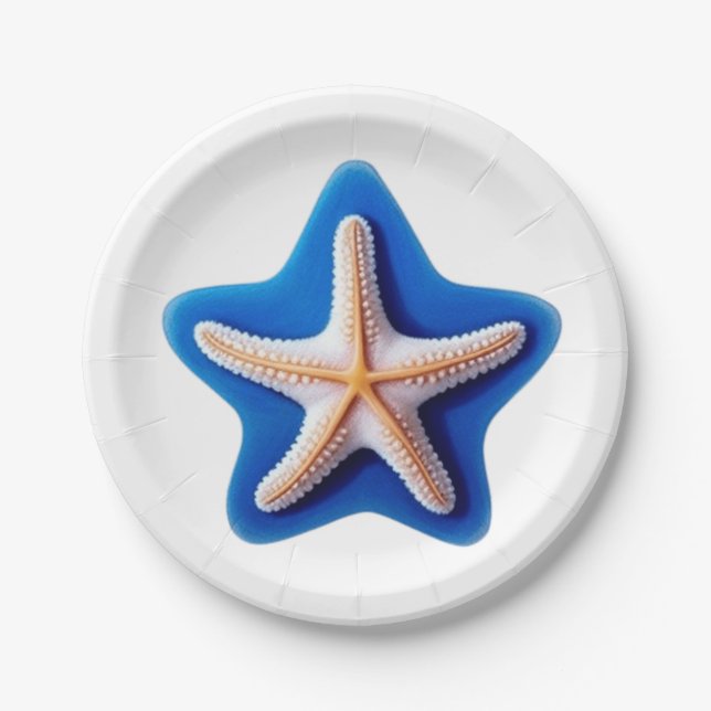 Prato De Papel Estrela-do-mar Laranja em Azul (Frente)