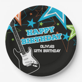 Prato De Papel Estrela do Rock Aniversário Guitarra Estrelas Azul