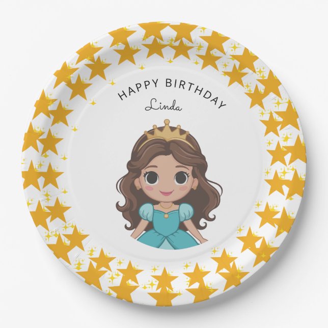 Prato De Papel Estrela Moderna e Aniversário de Princesa da Disne (Frente)