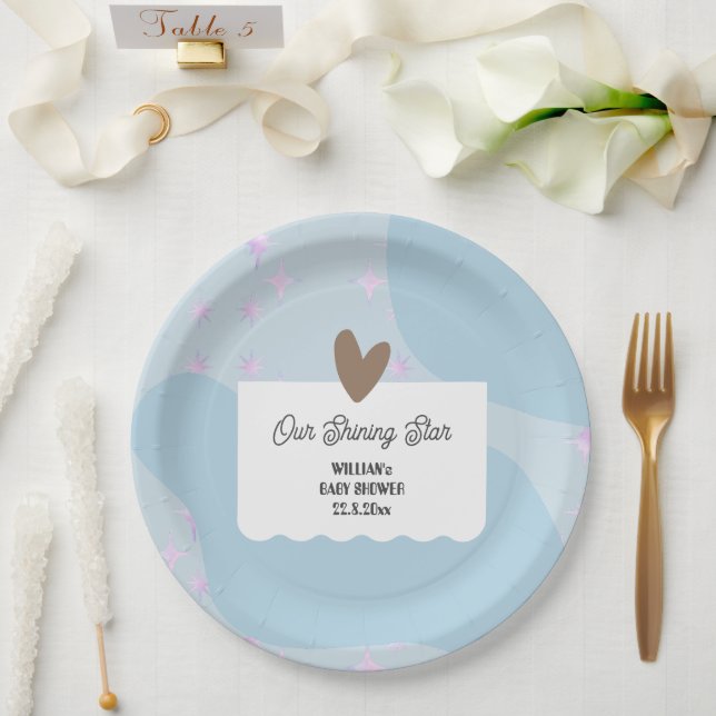 Prato De Papel Estrela Simples Brilhante Azul Claro | Chã de Bebê (Casamento)