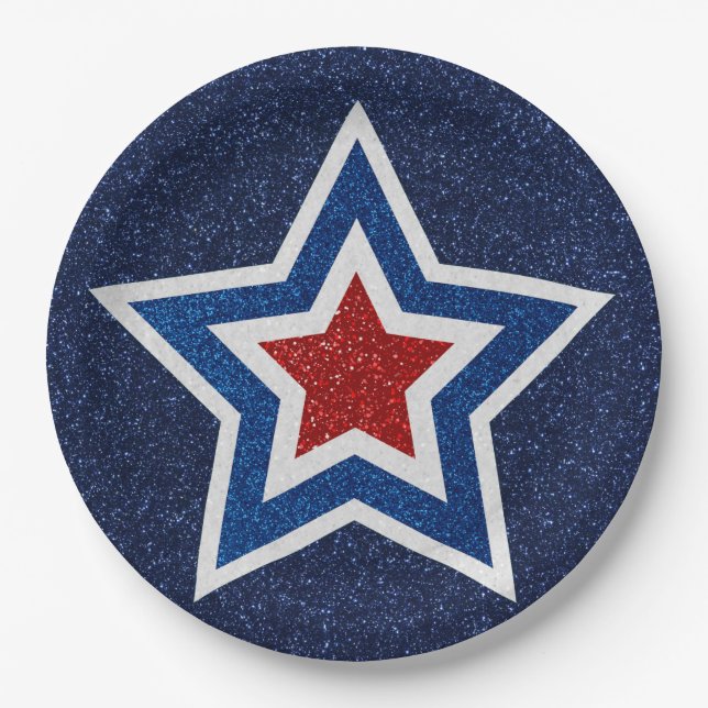 Prato De Papel Estrela Vermelha, Branca e Azul com Brilho para 4  (Frente)