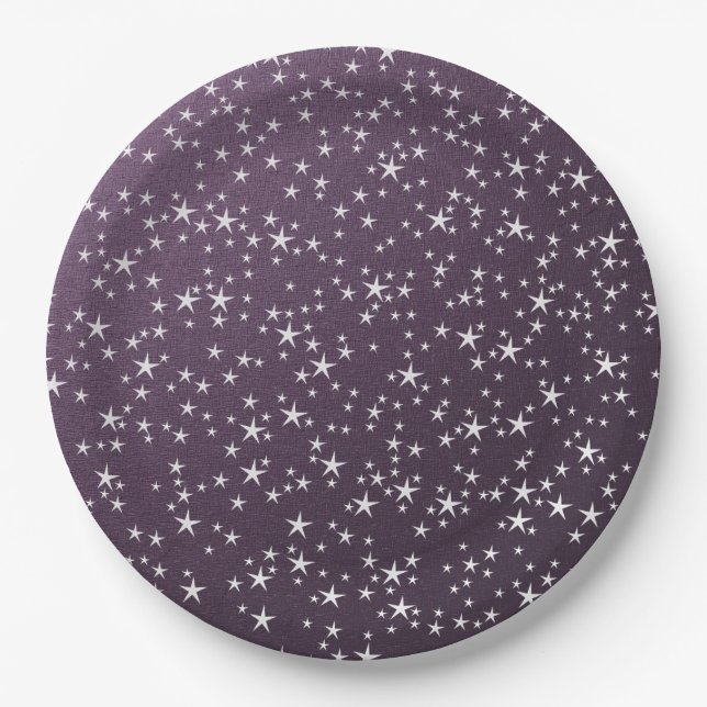 Prato De Papel estrelas brancas em fundo de papel roxo (Frente)