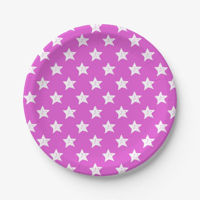 Prato De Papel Estrelas Brancas Fúcsia Roxo (Frente)