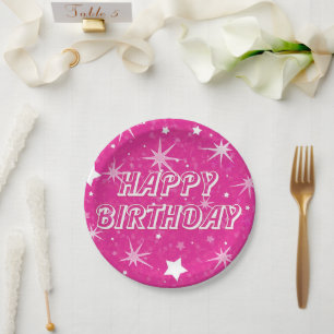 Prato De Papel Estrelas Brilhantes Rosa Quente Aniversário Feliz 