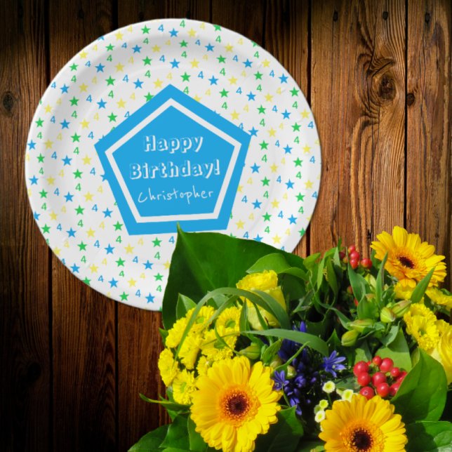 Prato De Papel Estrelas Coloridas Rapazes 4º Aniversário (Criador carregado)
