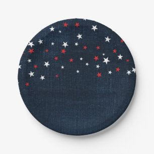 Prato De Papel Estrelas de Jeans Vermelho Branco e Azul Festa Per