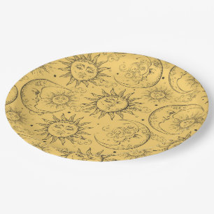 Prato De Papel Estrelas de Lua Amarelo de Vintage Celestial