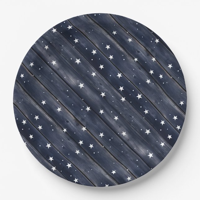 Prato De Papel Estrelas de Madeira Azul Rústica (Frente)