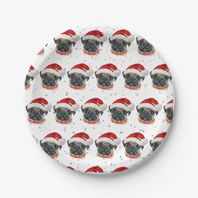 Prato De Papel Estrelas de Natal de Pug Dog Breed (Frente)