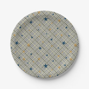 Prato De Papel Estrelas Douradas e azuis sobre fundo cinza