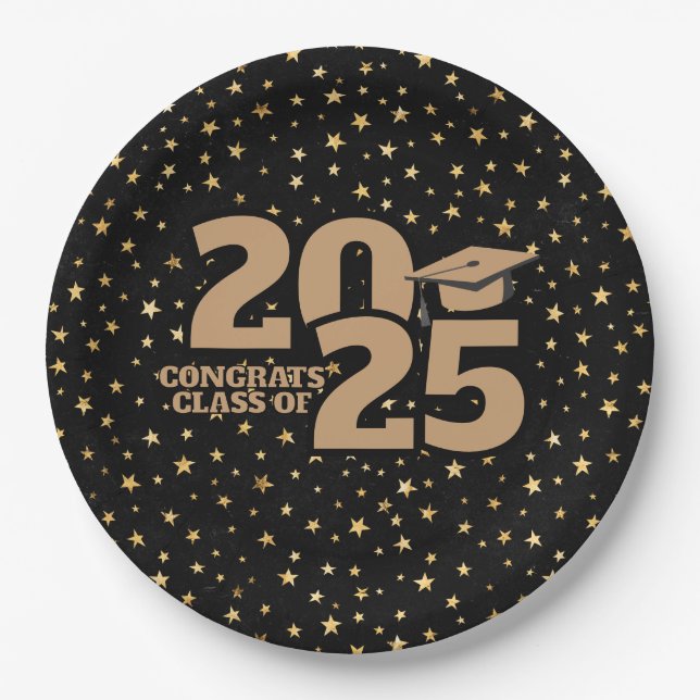 Prato De Papel Estrelas Douradas e Negras 2025 Graduação (Frente)