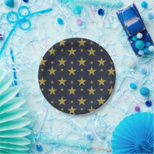 Prato De Papel Estrelas Douradas em Azul Naval – Elegante e Atemp