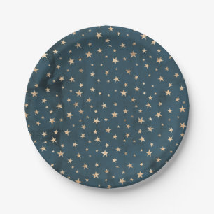 Prato De Papel Estrelas Douradas Galáxias Padrões de Papel Azul