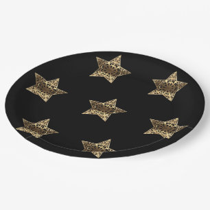Prato De Papel Estrelas Douradas Preto e Dourado Festivo Elegante