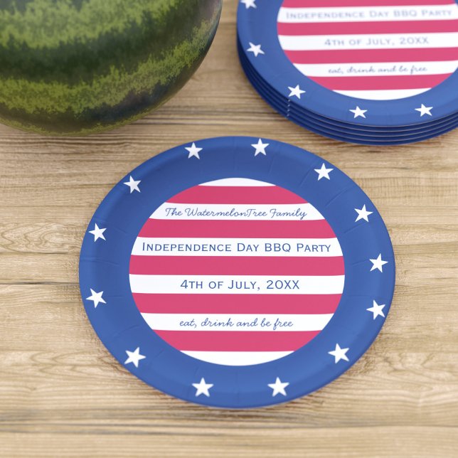 Prato De Papel Estrelas e faixas 4 de julho Vermelho Branco e Azu (Stars and stripes! Just add your party details to this red white and blue patriotic paper plate)