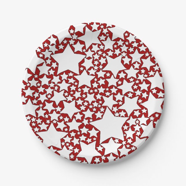 Prato De Papel Estrelas, Estrelas, Estrelas em Vermelho e Branco (Frente)