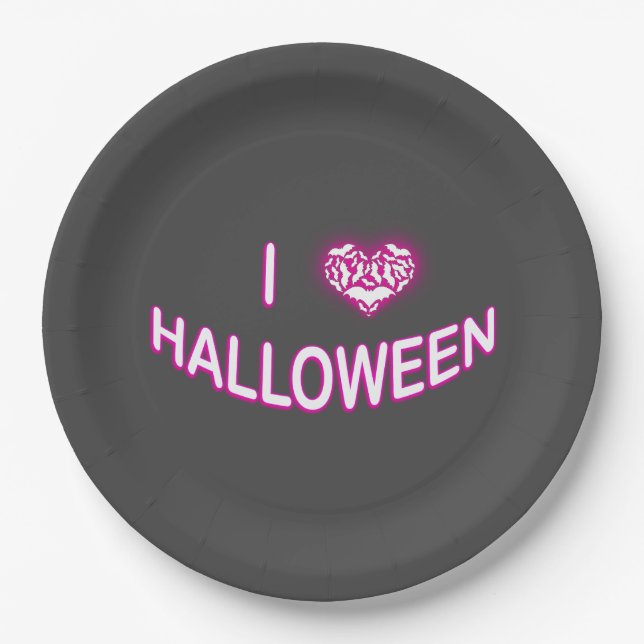 Prato De Papel Eu Amo Halloween (Bastty Love Heart) Purple White (Frente)