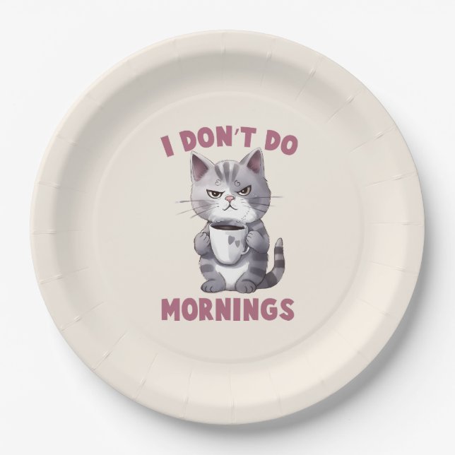 Prato De Papel Eu não faço manhãs - Cinza gato com café (Frente)