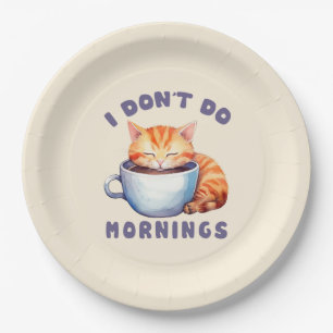 Prato De Papel Eu não faço manhãs - Gato Laranja Bonito com Café