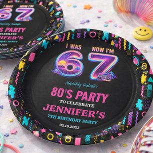 Prato De Papel Eu tinha 6 anos, agora tenho 7 Neon Retro Aniversá