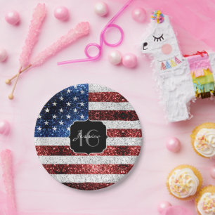 Prato De Papel EUA bandeira vermelho azul brilho brilho branco do