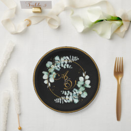 Prato De Papel Eucalipto e dourado em preto casamento personaliza