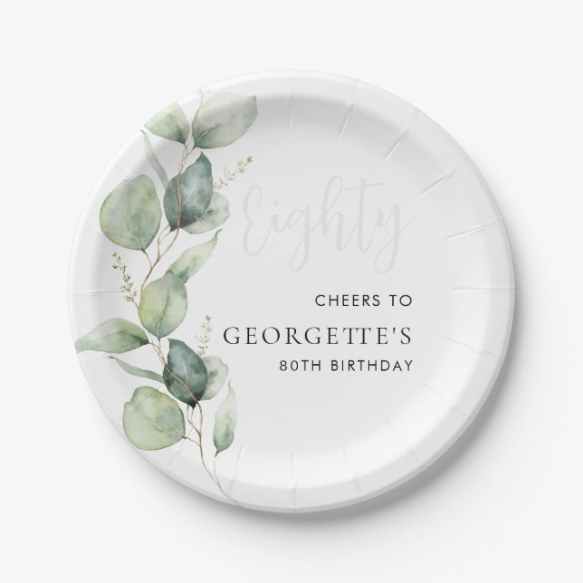Prato De Papel Eucalyptus 80 Birthday Watercolor Foliage (Frente)