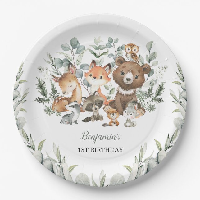 Prato De Papel Eucalyptus Birthday - Sage Green Woodland (Frente)