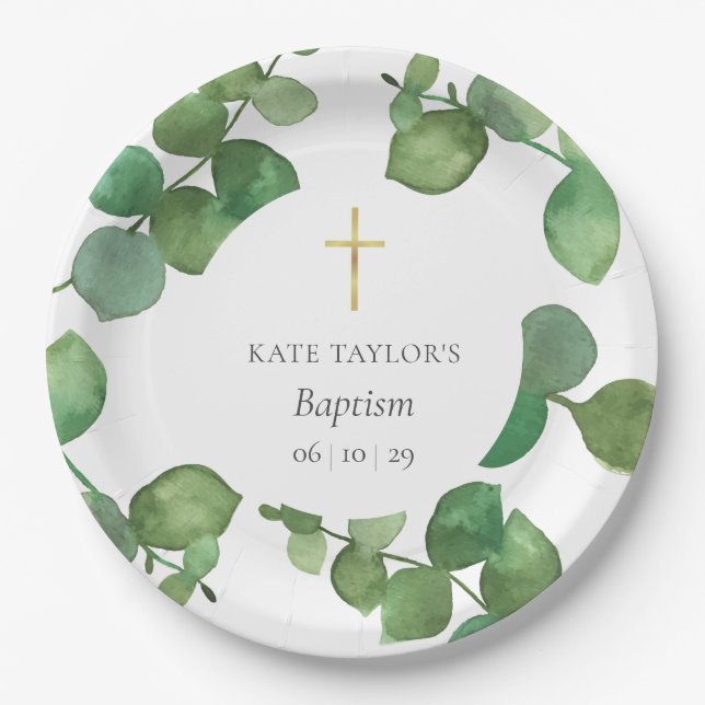 Prato De Papel Eucalyptus Greenery Baptism Christening (Frente)