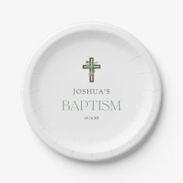 Prato De Papel Eucalyptus Modern Cross Baptism Party