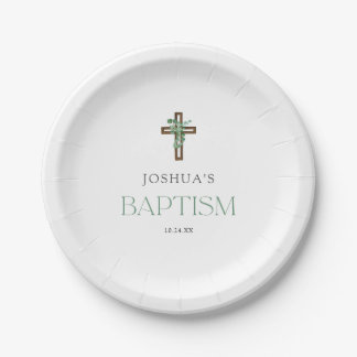 Prato De Papel Eucalyptus Modern Cross Baptism Party