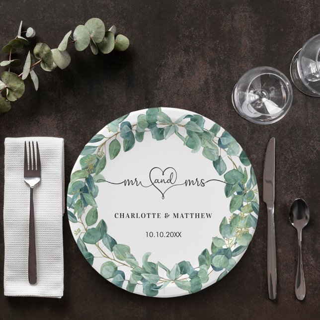 Prato De Papel Eucalyptus wreath de casamento nomes de mrs (Criador carregado)
